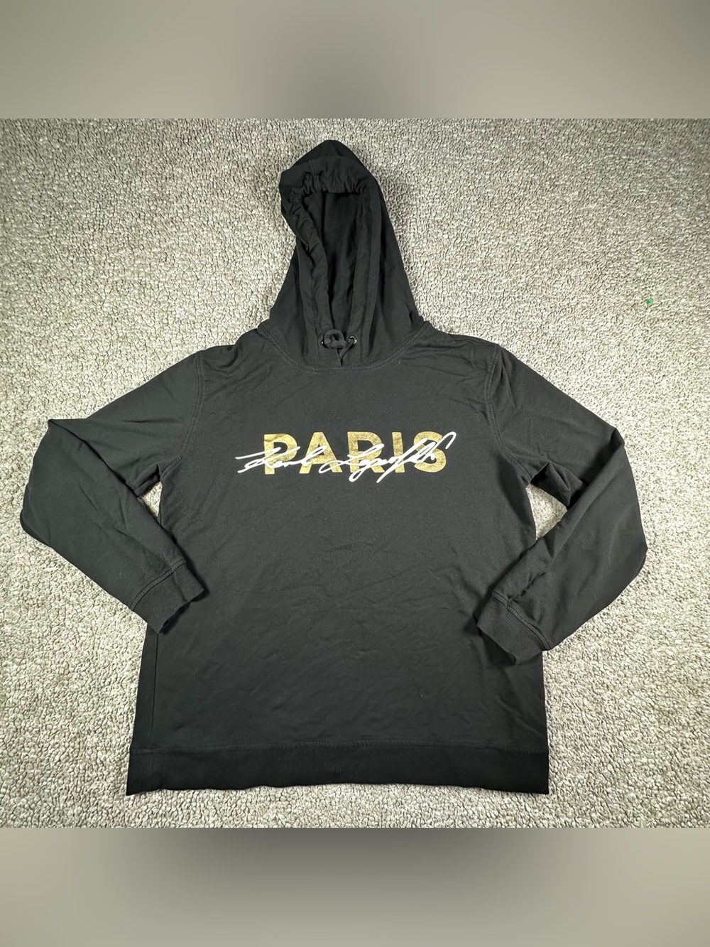 Karl Lagerfeld Paris Women's Black Hoodie Gold Logo Pullover Sweatshirt Size M